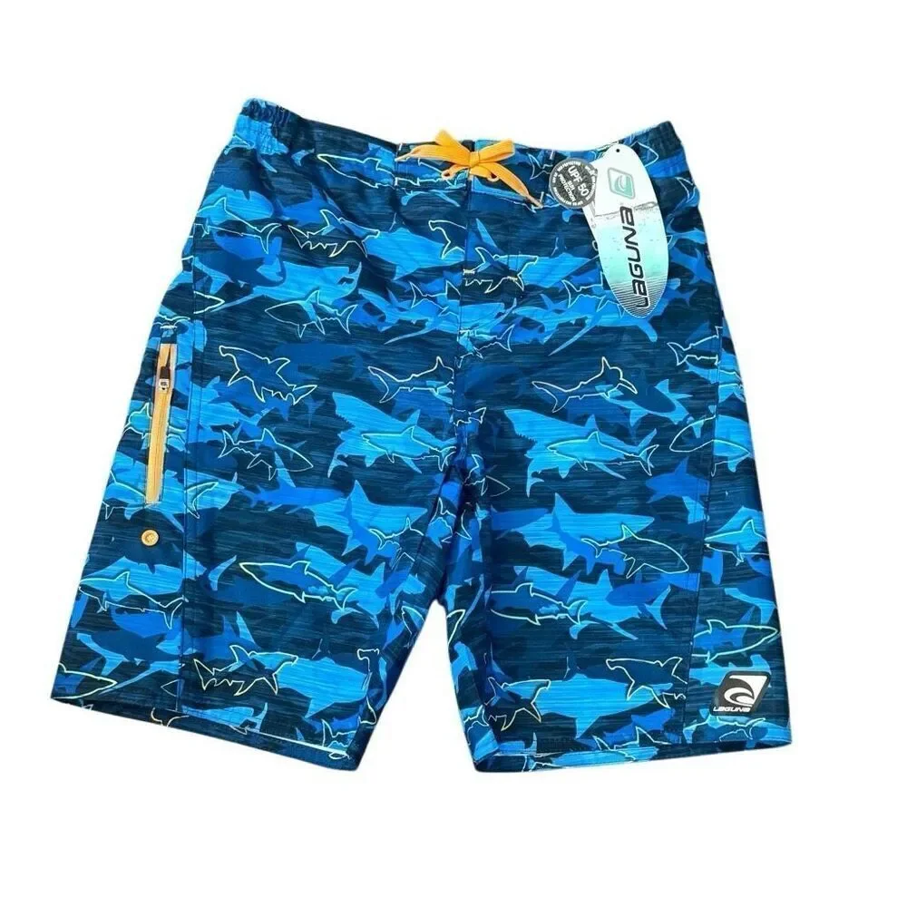 Laguna Big Boys Drawstring Electric Shark Swim Trunks Size Large 14 - 16 New